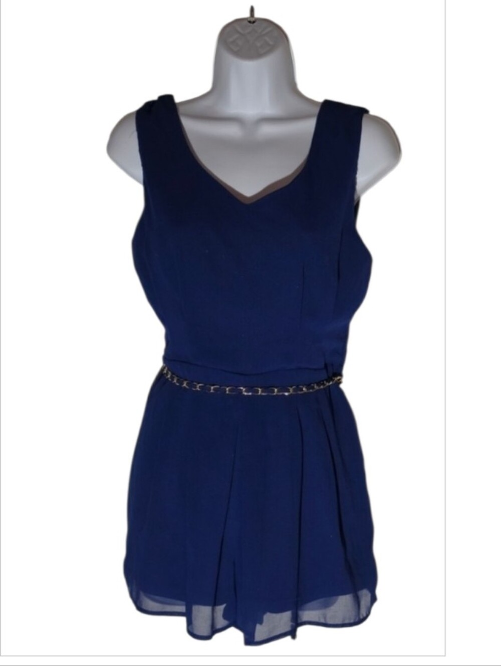 Mine M Sleeveless Navy Blue V-Neck Chiffon Dress Chain Belt Sweetheart Fit Flare